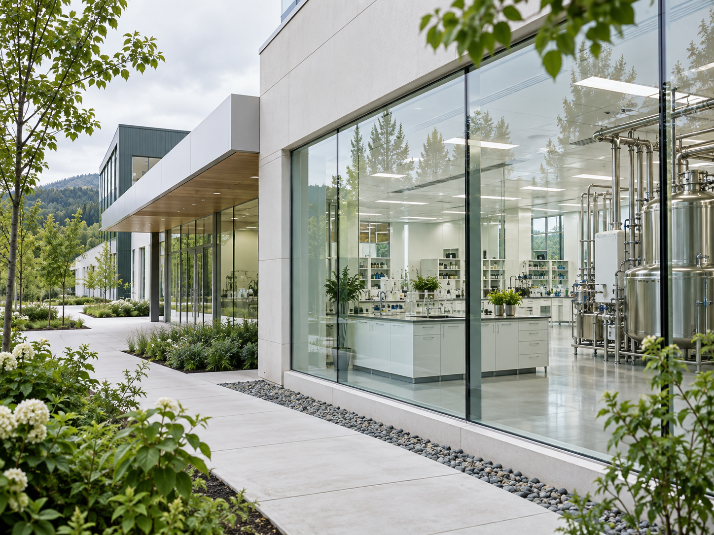 Bright, modern ingredient testing facility surrounded by greenery